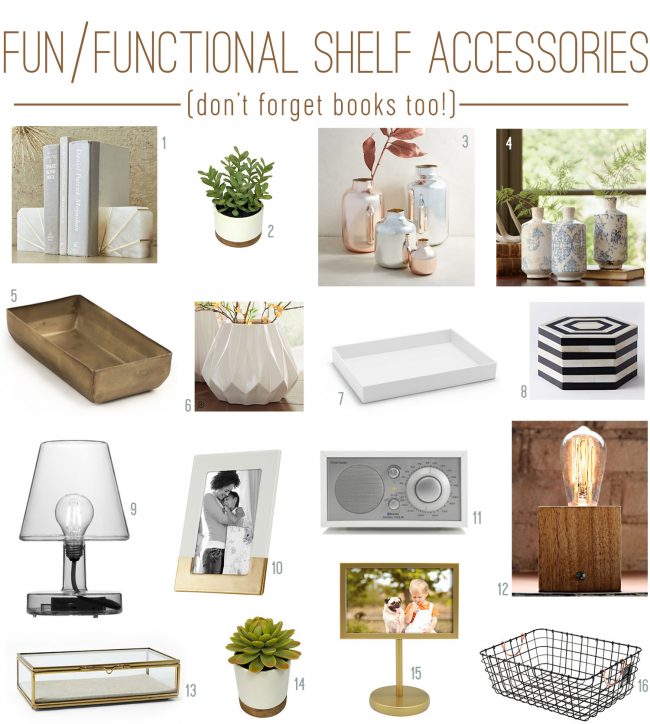fun and functional neutral bookshelf accessories