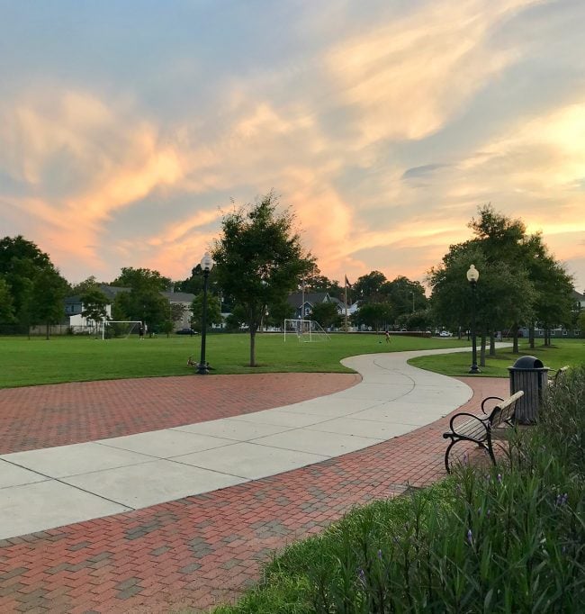 sunset with walking path in cape charles virginia central park