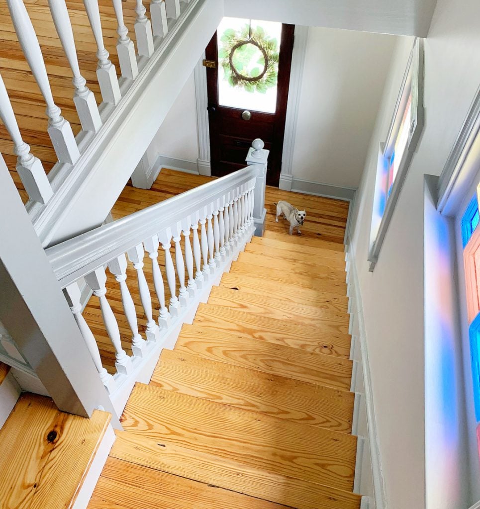 Overhead view of bare wood historic stairs in beach house