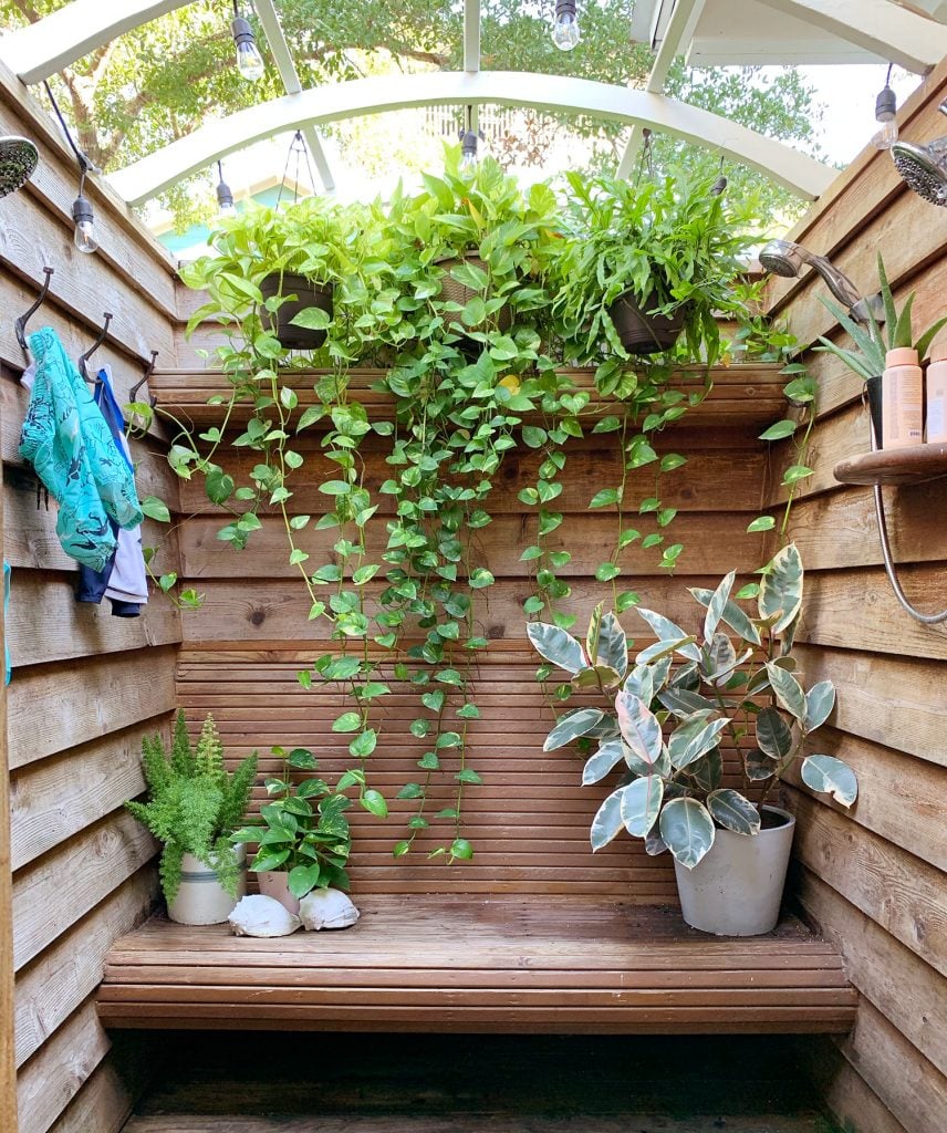 Wood Outdoor Shower With Cascading Planters And Bench
