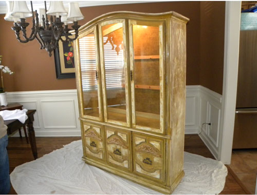 Painting A Wood China Cabinet White And Adding Fabric To The Back Wall