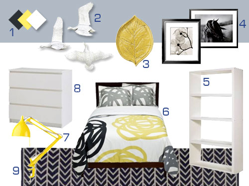 A Gray, White, And Yellow Bedroom Mood Board