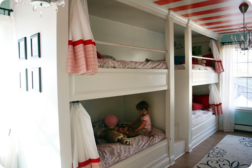 A Red, White, and Teal Bunkroom For 4 Girls