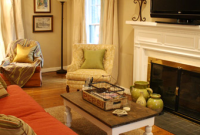 Bright Living Room with Built-In Shelving and Big Windows