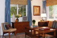 Formal Blue Curtains and Bamboo Blinds for Elegant Windows