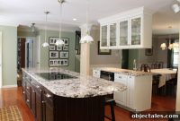 Classic Kitchen Design: Granite Island and White Glass Cabinets