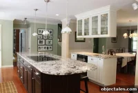 Classic Kitchen Design: Granite Island and White Glass Cabinets