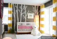 Dark Gray Nursery with Tree Mural and Striped Curtains