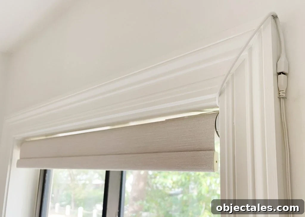 Install Smart Motorized Blinds: Step-by-Step Guide 13 Detail of Power Cord Running To Smart Roller Shade Blackout Blinds
