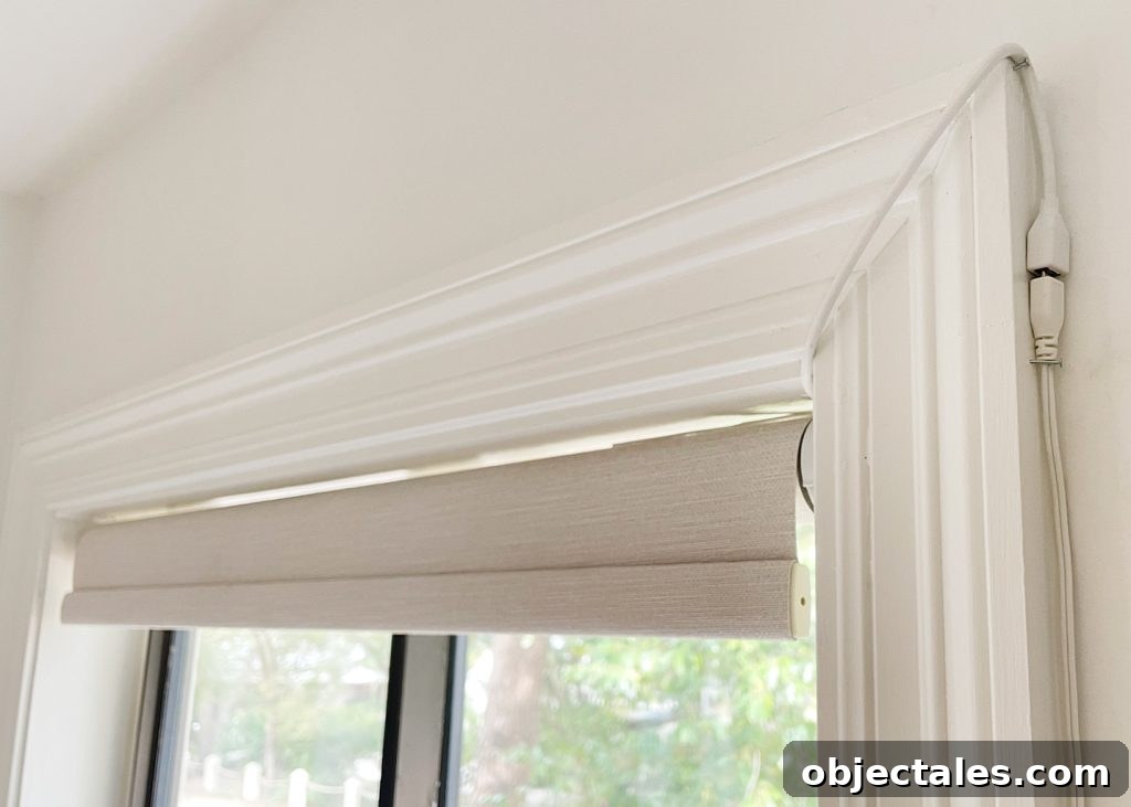 Install Smart Motorized Blinds: Step-by-Step Guide 7 Detail of Power Cord Running To Smart Roller Shade Blackout Blinds
