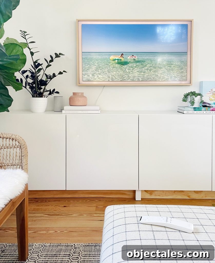 Samsung Frame Smart TV With Beachy Image As Screensaver