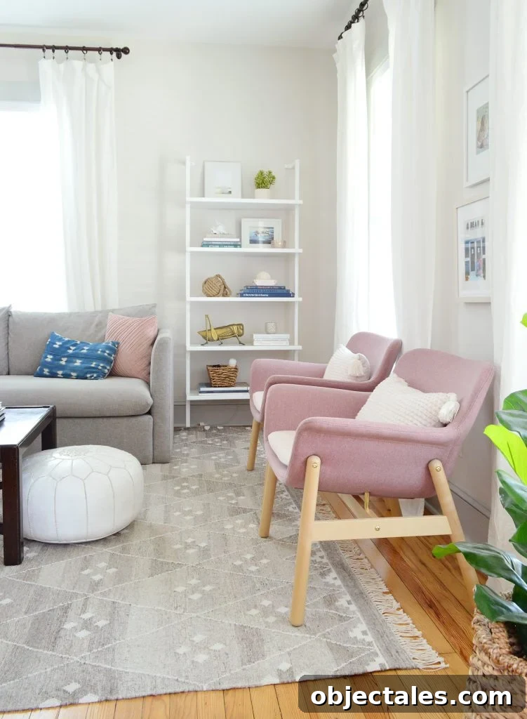 Pink Ikea Chairs And Open Bookcase In Beach House Living Room