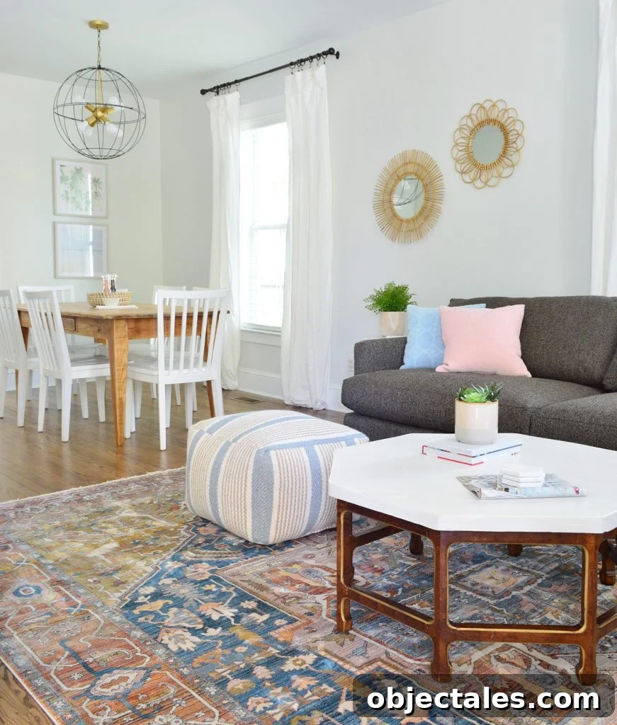 Neutral Traditional Rug With Crate And Barrel Sofa And Pouf With Dining In Background