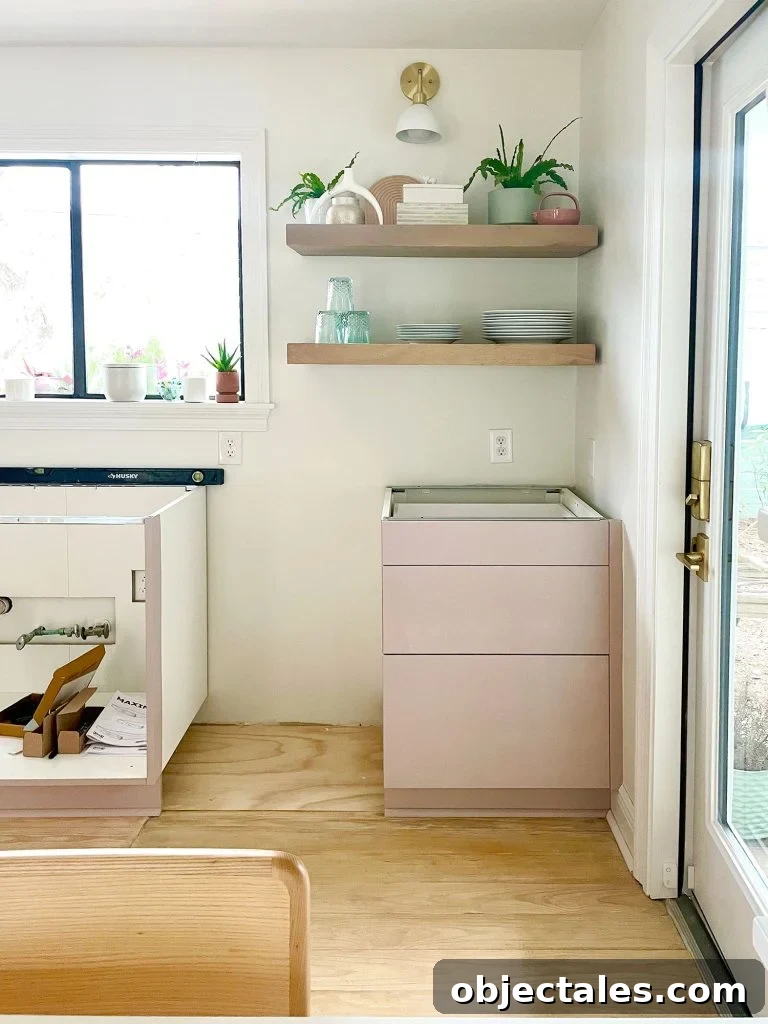Ikea Kitchen Halfway Assembled With Painted Drawered Cabinet