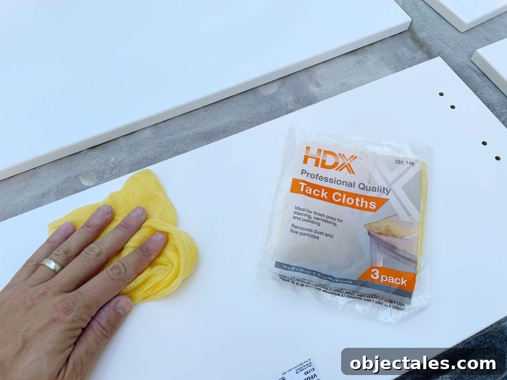 Wiping Dust Off White Cabinet Door With Tack Cloth