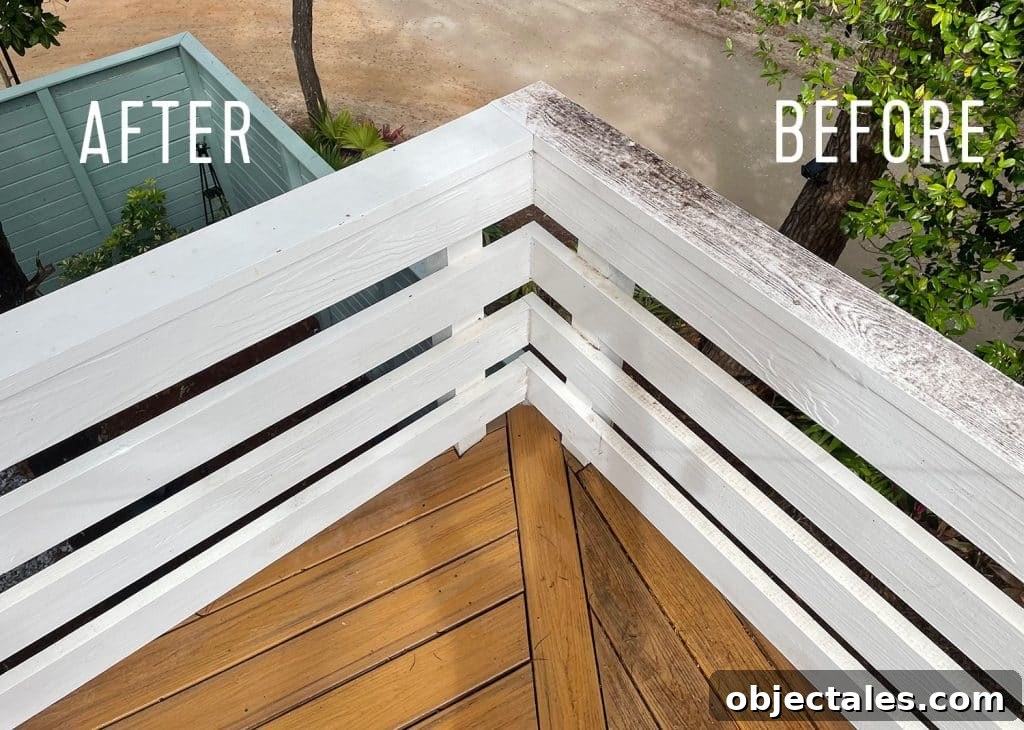 How to Use a Pressure Washer Safely: Step-by-Step Tips 3 Before And After of upper deck with half pressure washed railings and Trex decking