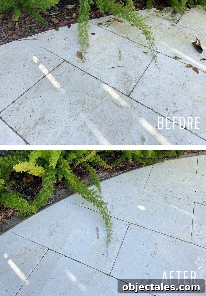 Side by Side Before And After of Pressure Washed Pool Patio Stone