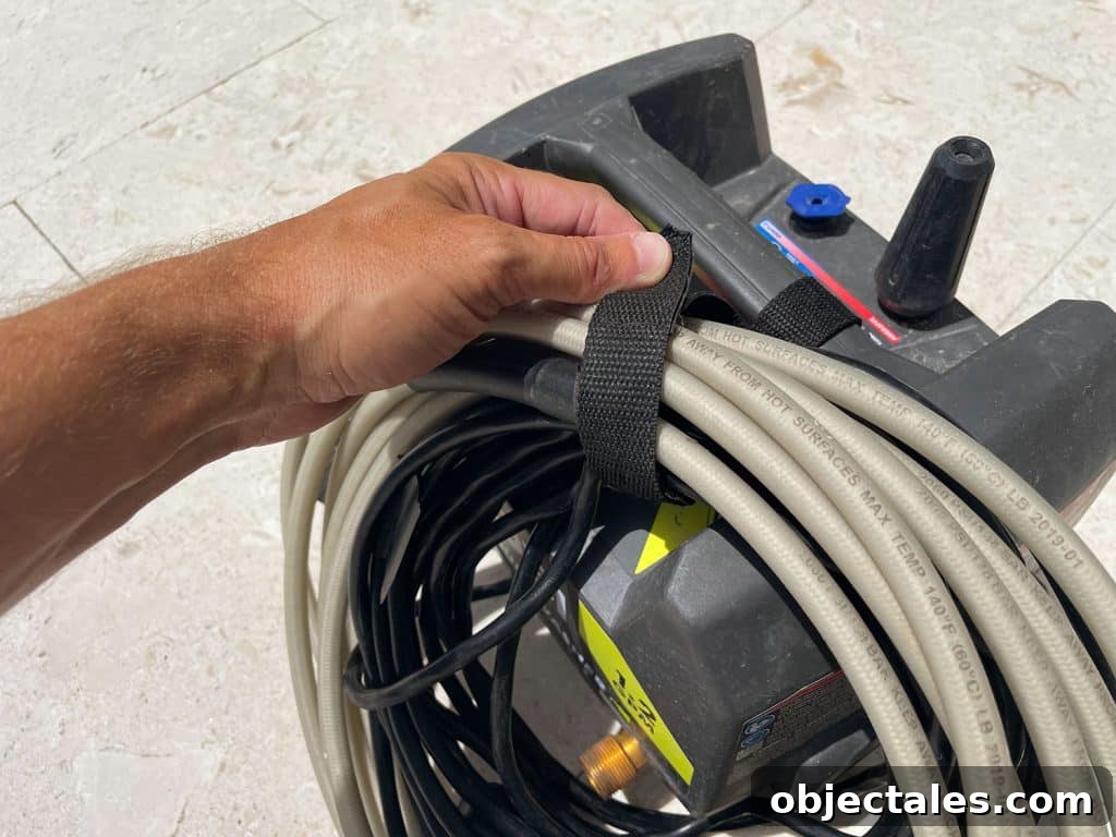 How to Use a Pressure Washer Safely: Step-by-Step Tips 17 Securing cords on Ryobi electric pressure washer with built in velcro strap
