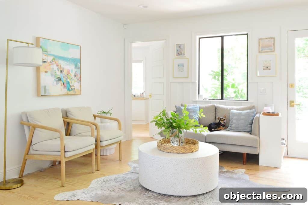 Beachy Seating Area With Blonde Wood Accents And Penny The Chihuahua Sitting On Gray Lovesat