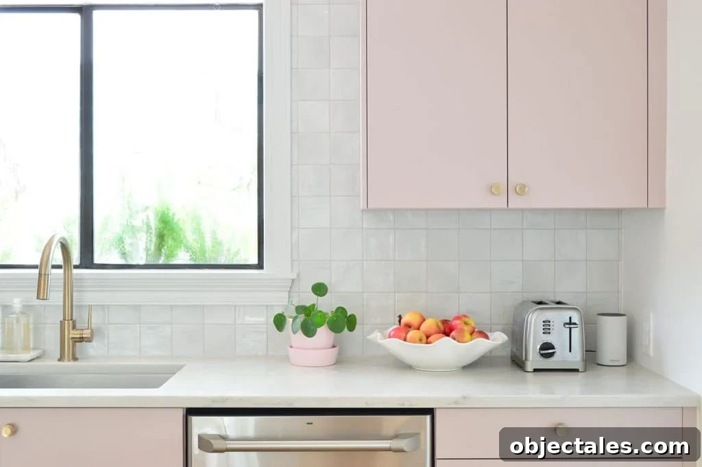 Closer View Of Square Tile Backsplash With Mauve Pink Painted Cabinets