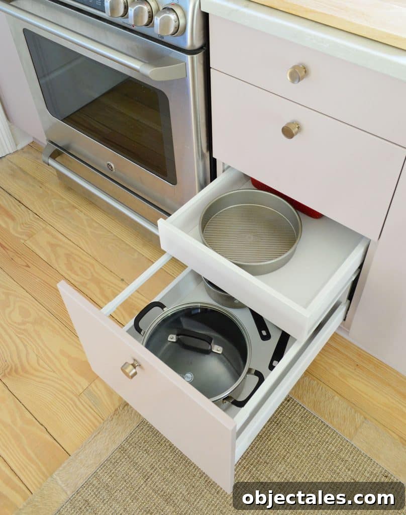 Small IKEA Kitchen Storage and Organization Ideas 14 Hidden Drawer In Ikea Cabinets For Pans And Metal Bakeware