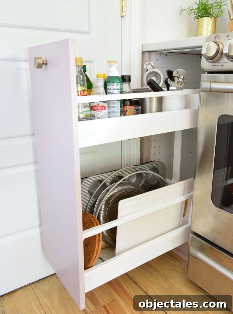 Small IKEA Kitchen Storage and Organization Ideas 15 Narrow Drawer Next To Stove With Oils And Cutting Boards