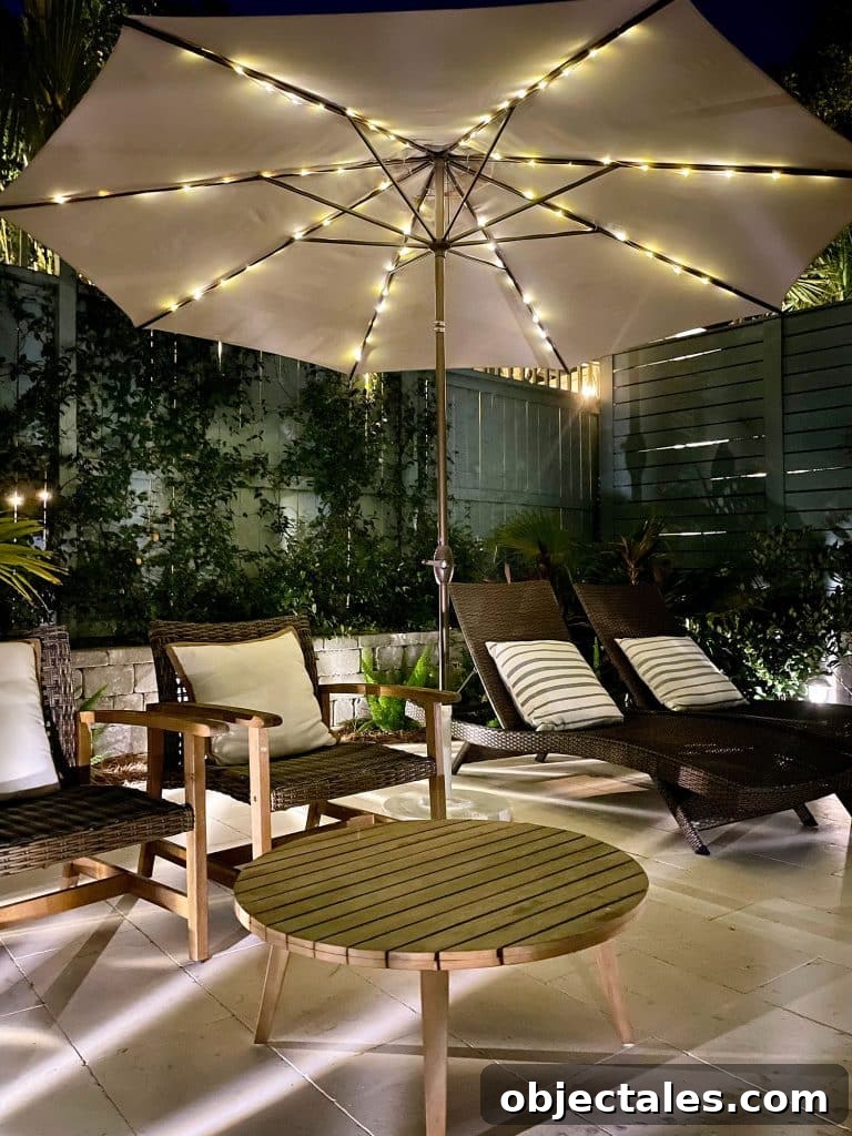 Top Outdoor Solar Lights for Brighter Yards and Patios 11 Pool Patio Umbrella Lit Up With Solar LED Lights
