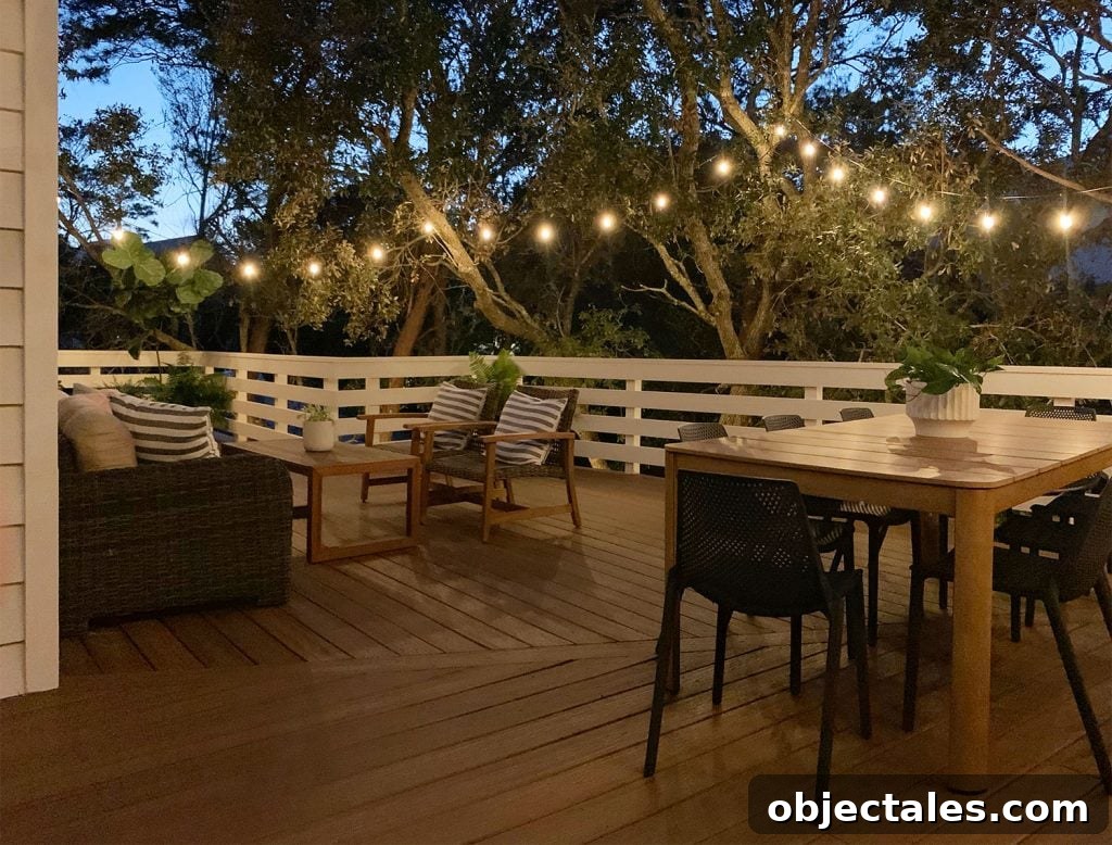 Top Outdoor Solar Lights for Brighter Yards and Patios 5 Nighttime View Of Large Deck With String Lights