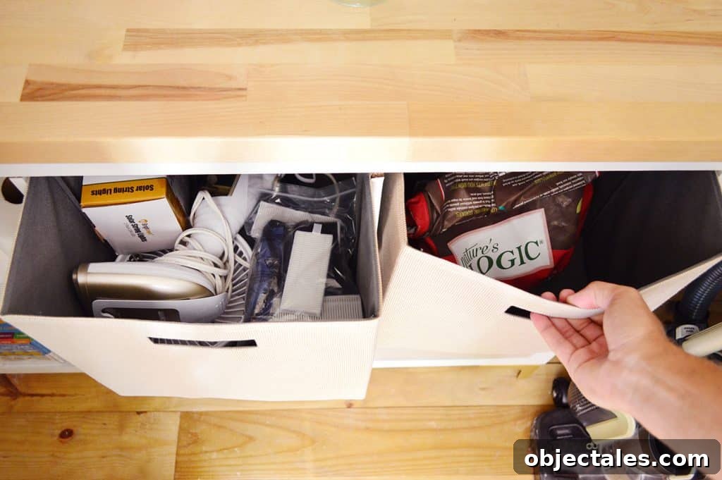 Utility Closet Storage Ideas to Maximize Space 14 Fabric Bins In Cubby Shelf Pulled Opened With Storage