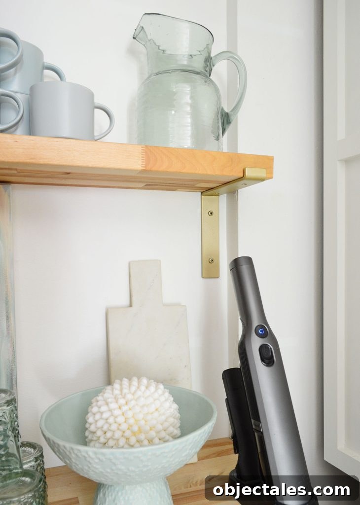 Utility Closet Storage Ideas to Maximize Space 16 Detail Of Brass Floating Shelf Bracket With Butcher Block Shelf