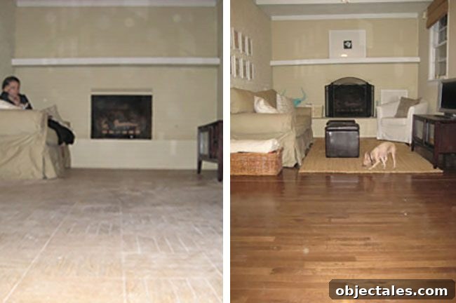 Old linoleum covered in construction dust replaced by glossy hardwood