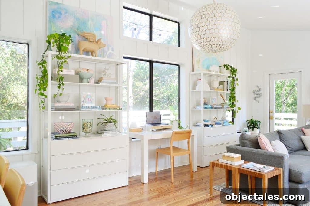Rooms People Rarely Miss After Downsizing 13 Light filled upstairs family room with Ikea fjalkinge shleves and west elm Parsons desk