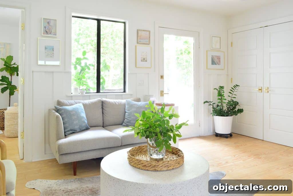 Rooms People Rarely Miss After Downsizing 9 View Of Seating Area And Front Door With Laundry Closet In Background