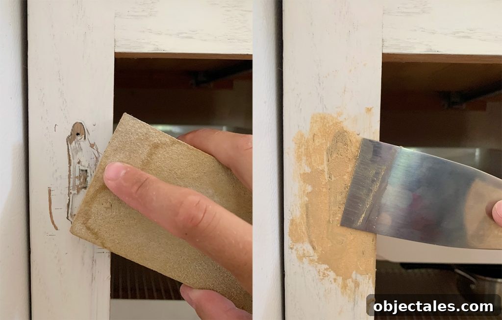 Sanding and scraping wood filler onto cabinet frame to cover hinge holes