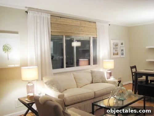 Finished living room window with wood blinds and curtains