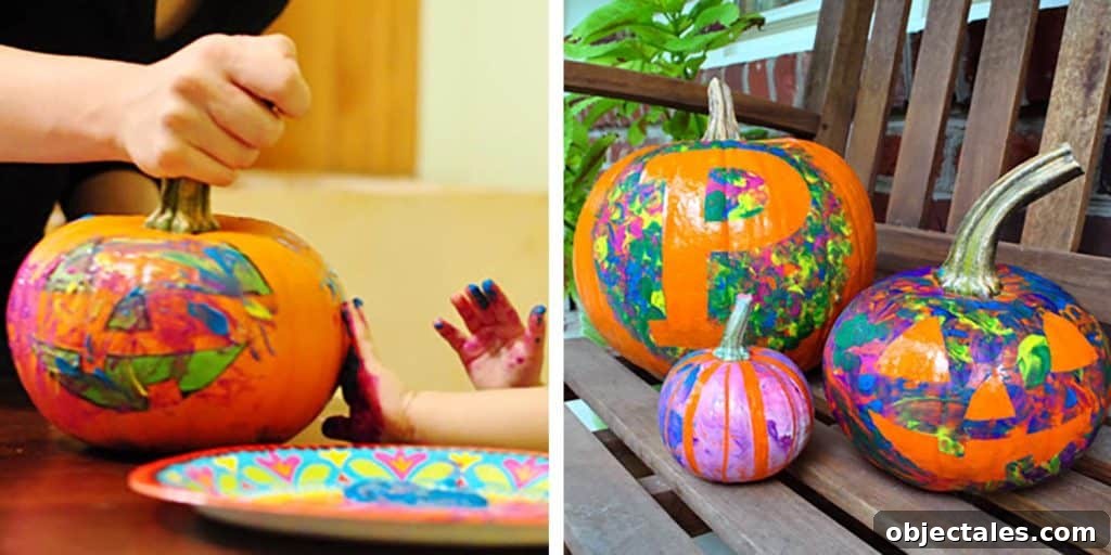 Kid Friendly Pumpkin Decorating Idea With Finger Painting Over Painters Tape Stencil