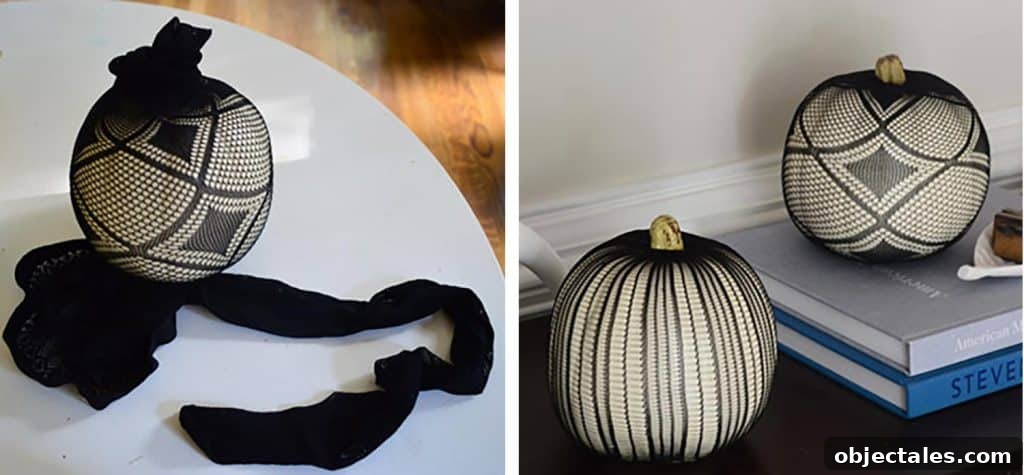 Spooky Halloween Pumpkin Idea With Black Panty Hose Pulled Over White Faux Pumpkin