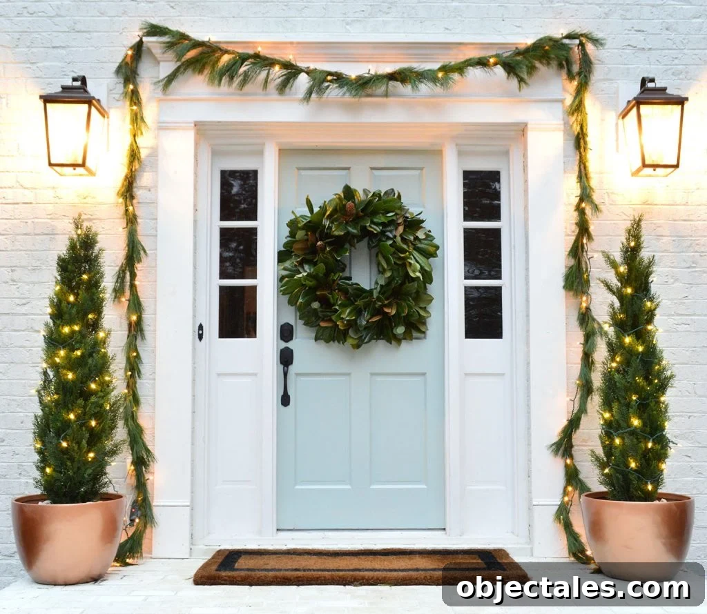 Holiday Front Porch With Garland And Faux Trees