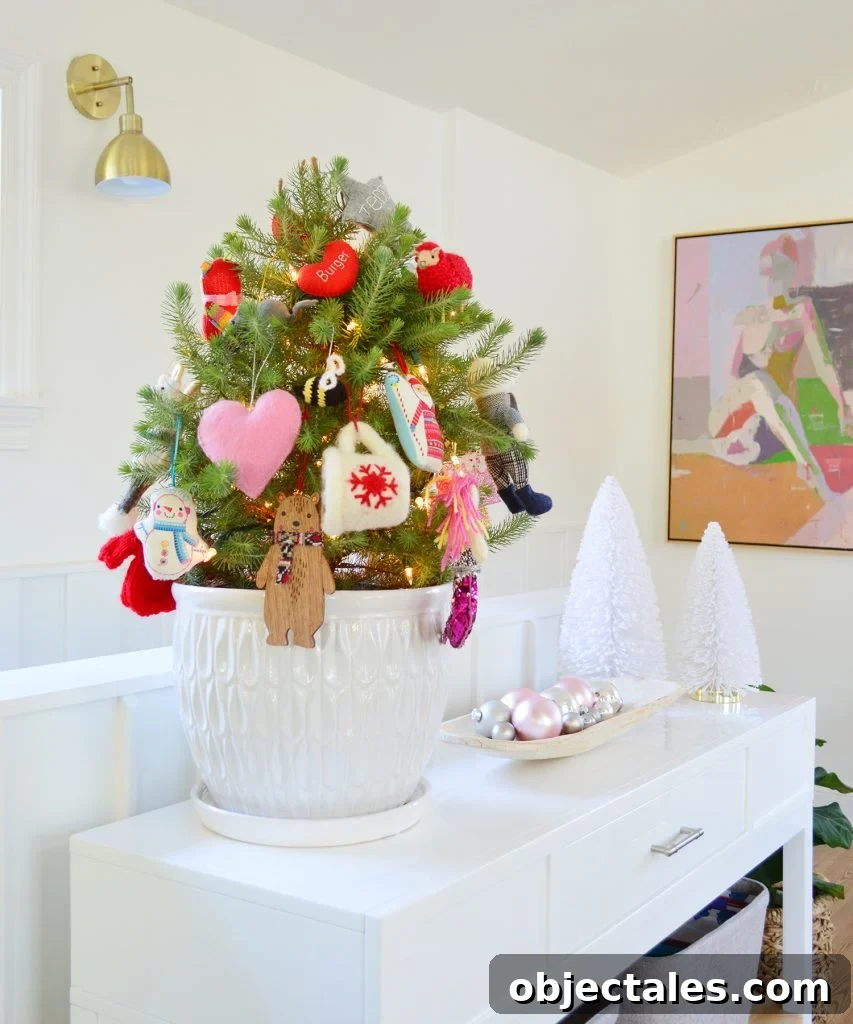 Small Tabletop Tree In White Pot With Colorful Ornaments