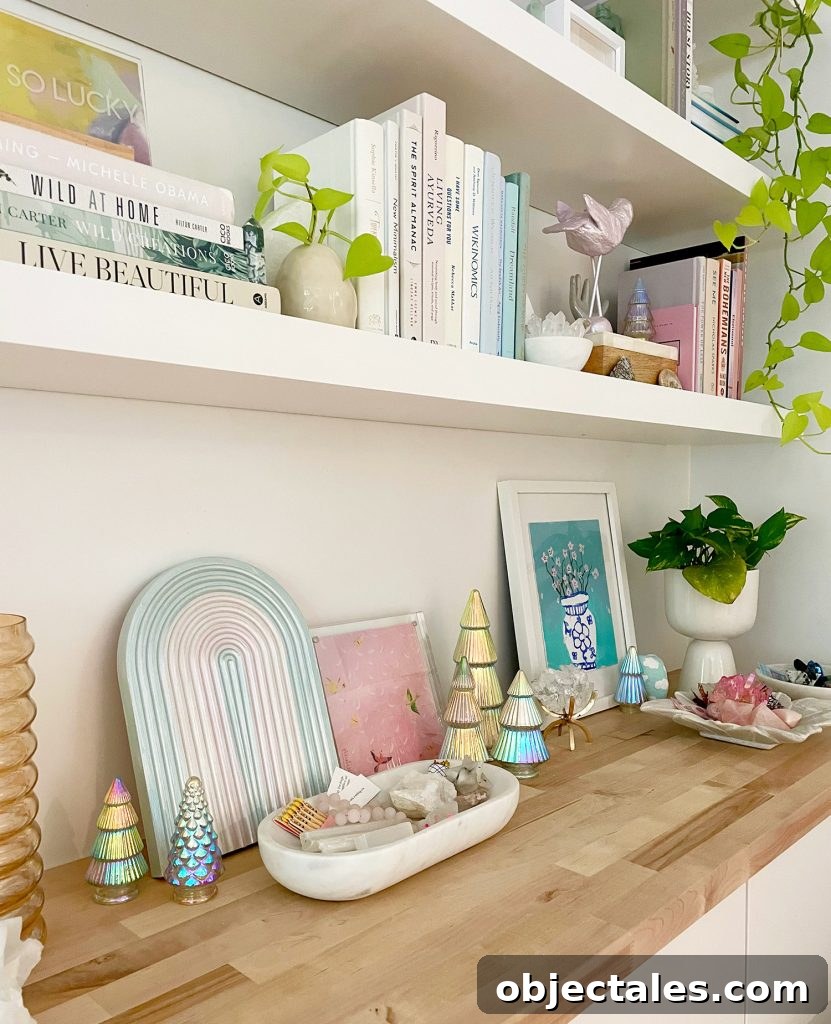 Decorated Floating Shelves With Small Decorative Iridescent Christmas Trees