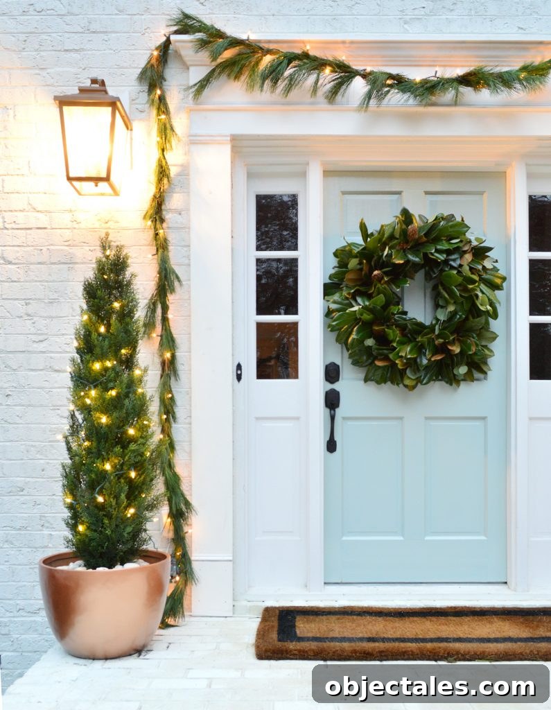 Holiday Front Porch With Garland And Faux Trees