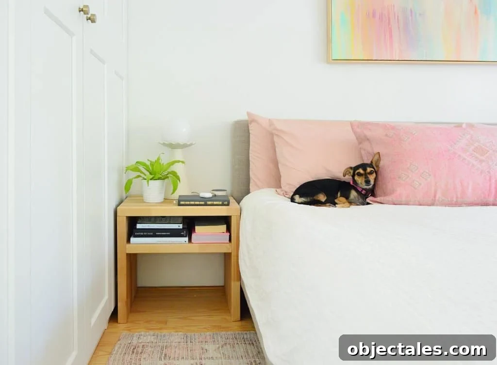 Wood Butcher Block DIY Nightstand Next To Bed With Penny The Chorkie Sleeping On Pink PIllow