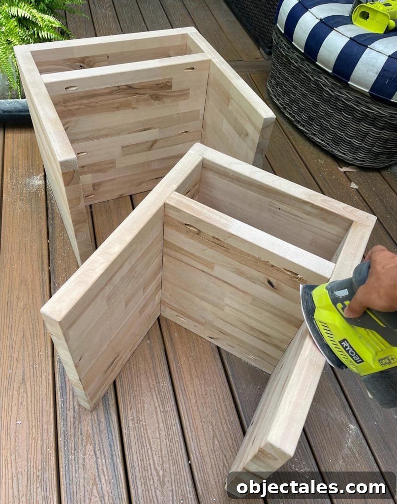 Sanding DIY Butcher Block Nightstands With Mouse Sander