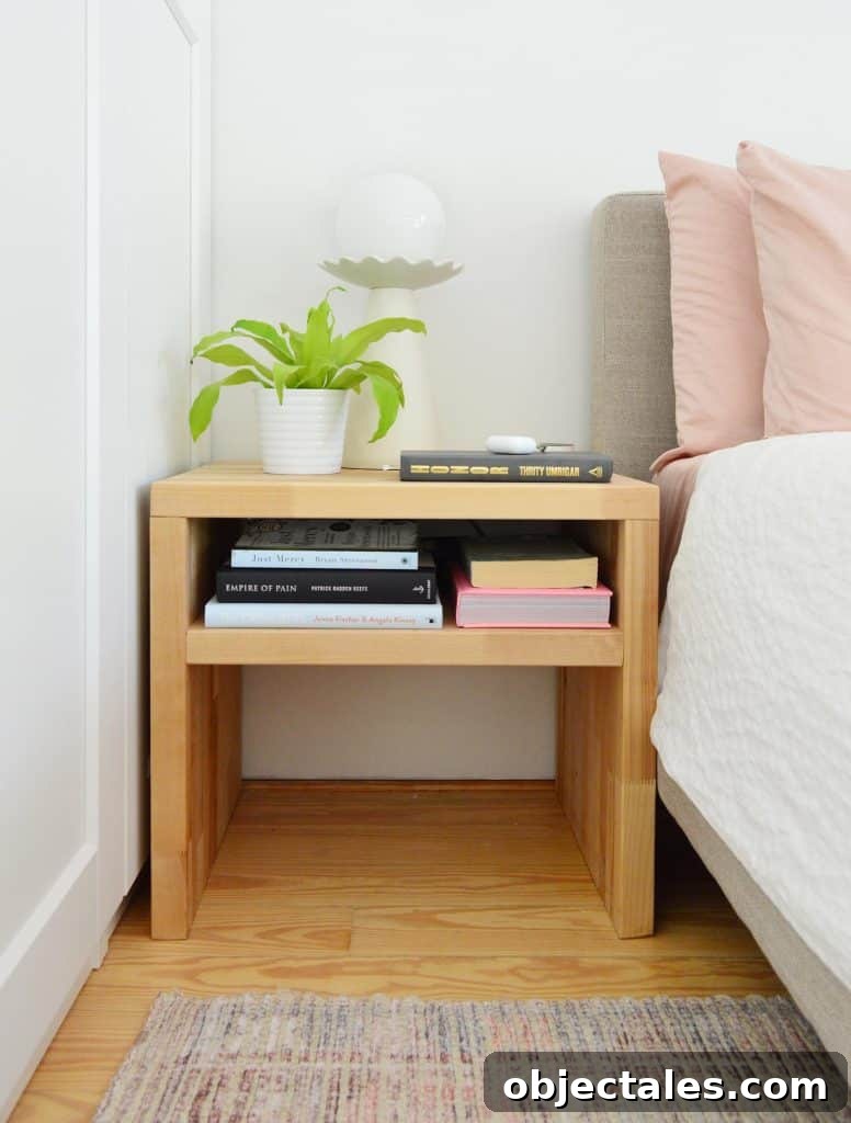 Modern Butcher Block Wood DIY Nightstand With Plant And Books