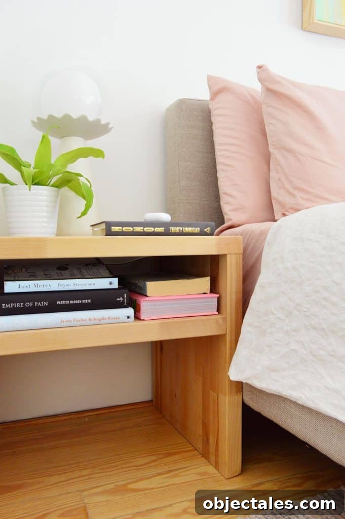 DIY Butcher Block Nightstand With Single Shelf Next To Upholstered Bed