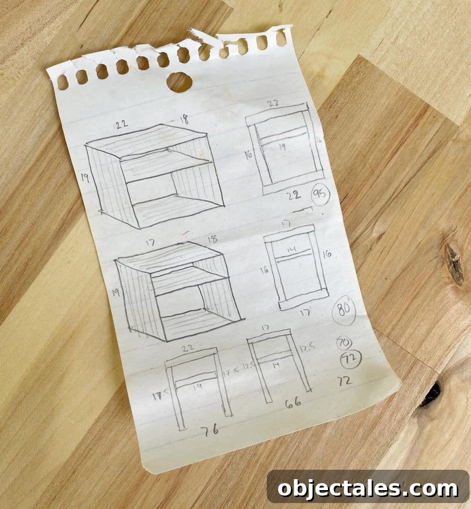 Sketches Of DIY Nightstand Ideas On Notebook Paper With Dimensions