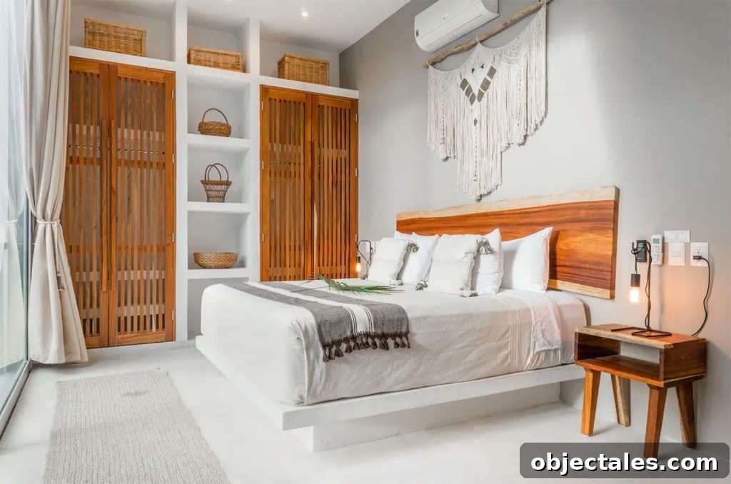 King Size Bed In Tulum Mexico Airbnb With White Wall And Wood Accents