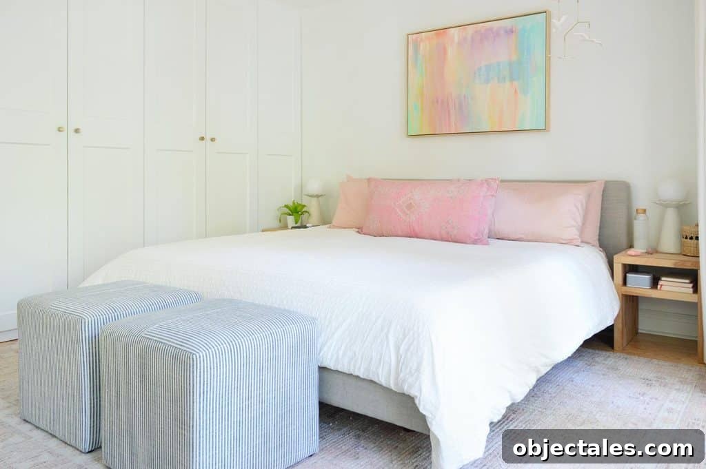 King Size Upholstered Platform Bed With Colorful Abstract Painting And Ikea Pax Wardrobes