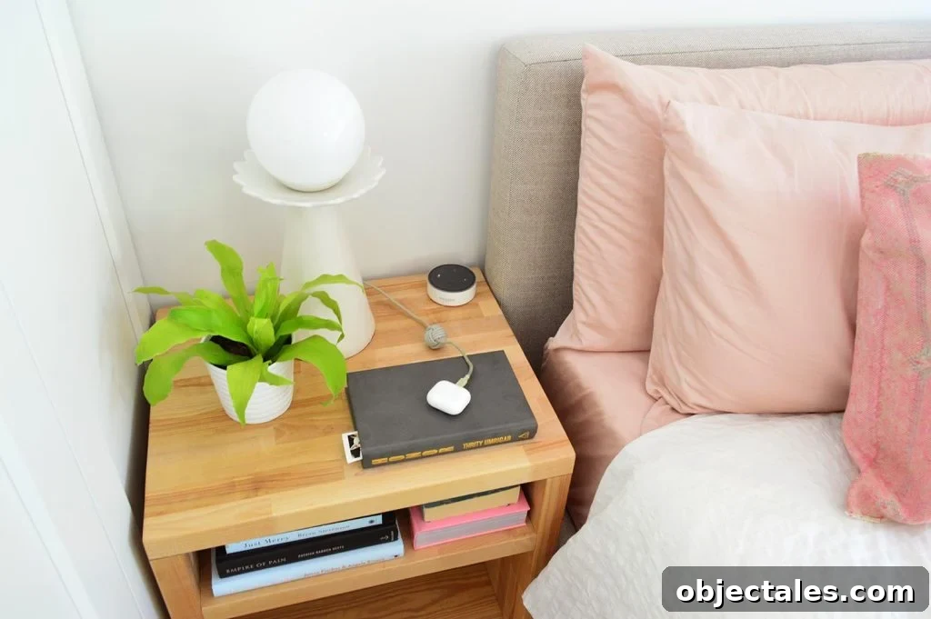 View Of Top Of Butcher Block Nightstand With Modern Lamp