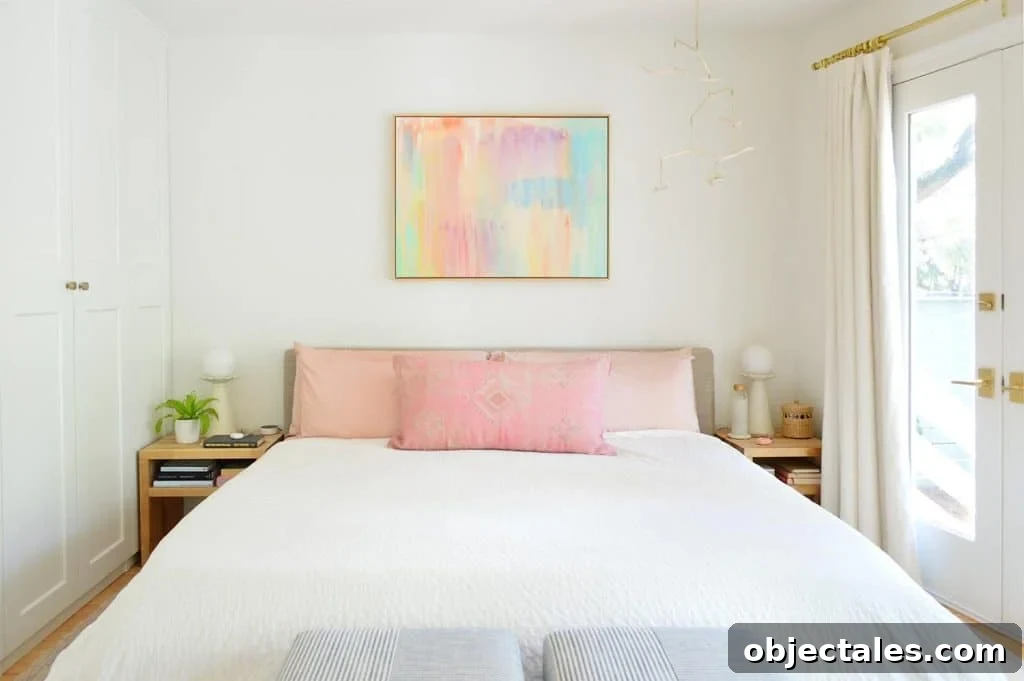 Bright Modern Bedroom With Platform King Bed And Colorful Abstract Painting